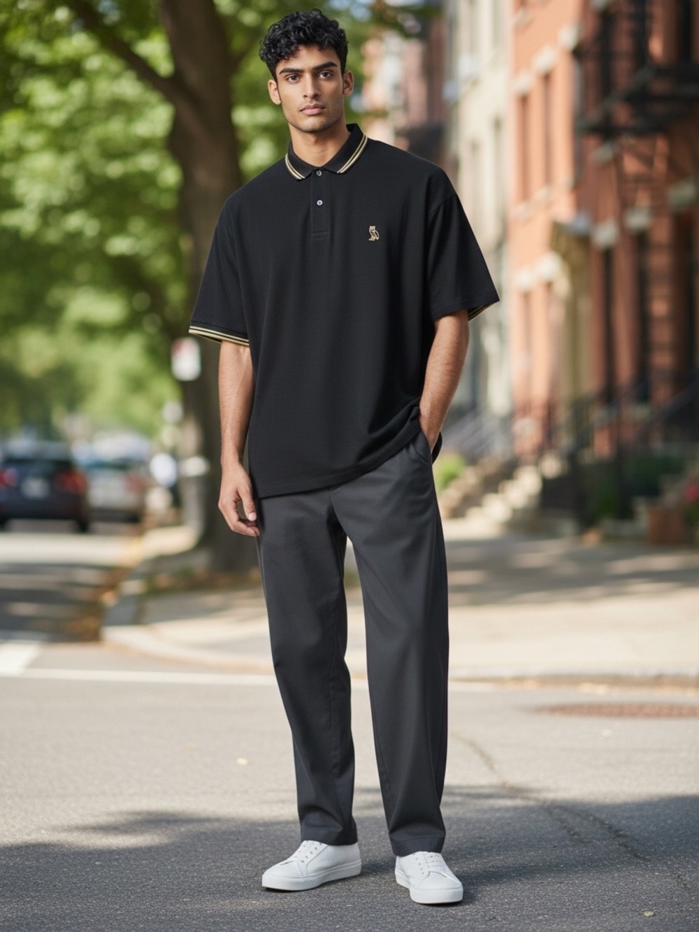 Octobers Very Own Black Polo Shirt with Yellow owl accent